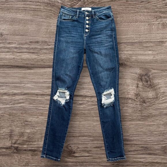 KanCan High Rise Distressed Dark Blue Jeans Button Up - Picture 1 of 6